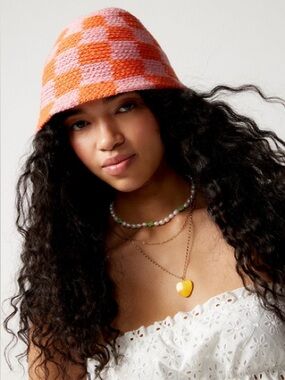 Urban Outfitters Pink and Orange Checkered Knit Hat